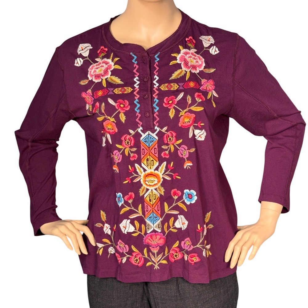 Johnny Was Anaya Raw Seam Henley XXL Aubergine Purple Embroidered Cotton Top NEW